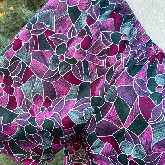 Vintage 70s-80s Purple Green Floral Flutter Sleeve Blouse Stained Glass L - Picture 5 of 7